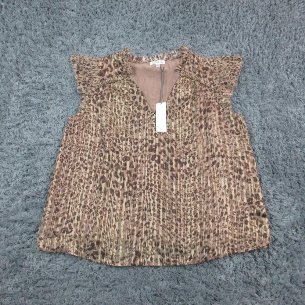 Nine Britton Shirt Womens Large Brown Animal Print Ruffle Sleeve Pleated Top NWT